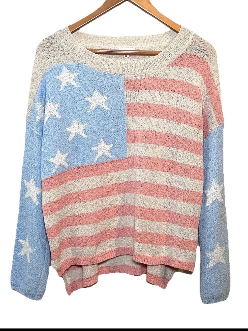 POL Stars & Stripes Crewneck Sweater in Light Blue, Pink, and Cream